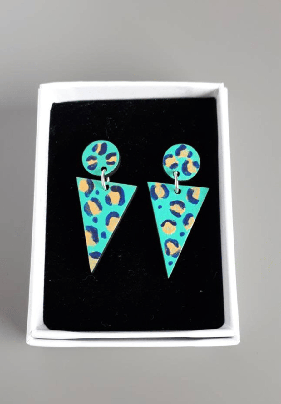 Leopard Print Painted Two-part Dangly Earring with Triangle