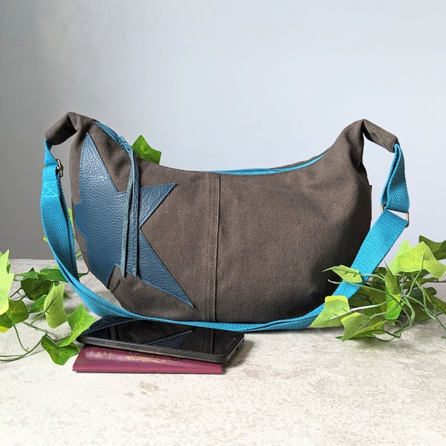 Denim Bag Sling Bag, Dumpling Cross Body Jeans Bag in Brown Repurposed Denim