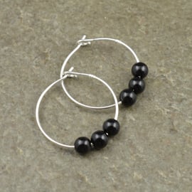 Boho 4mm Tiny Black Onyx Gemstone & 20mm Sterling Silver Hoop Earrings
