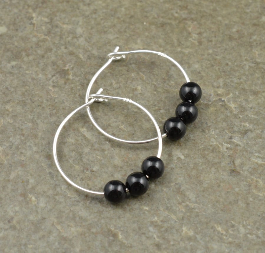 Boho 4mm Tiny Black Onyx Gemstone & 20mm Sterling Silver Hoop Earrings