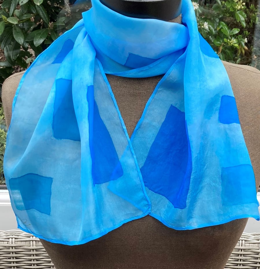Blue Geometric design hand painted silk scarf