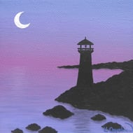 Lighthouse at Dusk Original Acrylic Art - small seascape painting on canvas