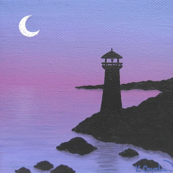 Lighthouse at Dusk Original Acrylic Art - small seascape painting on canvas