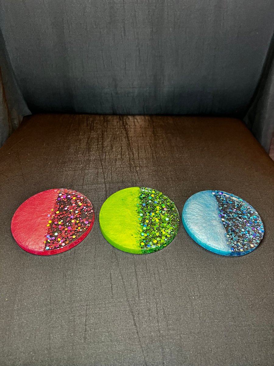 Pink, Green & blue set of 3 half and half resin coasters.