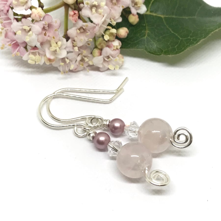 Rose Quartz, Pink Pearl and Crystal Earrings, Sterling Silver