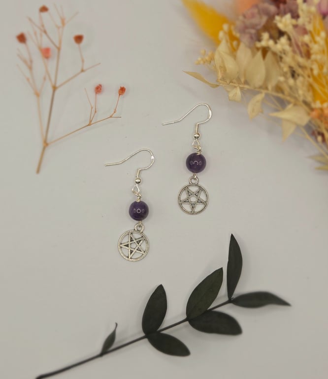 Handmade Amethyst Crystal Dangle Earrings with Pentacle Charms, Sterling Silver
