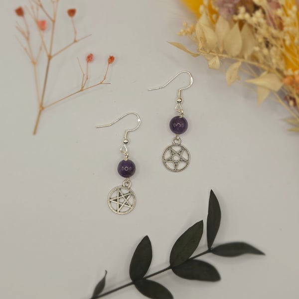 Handmade Amethyst Crystal Dangle Earrings with Pentacle Charms, Sterling Silver