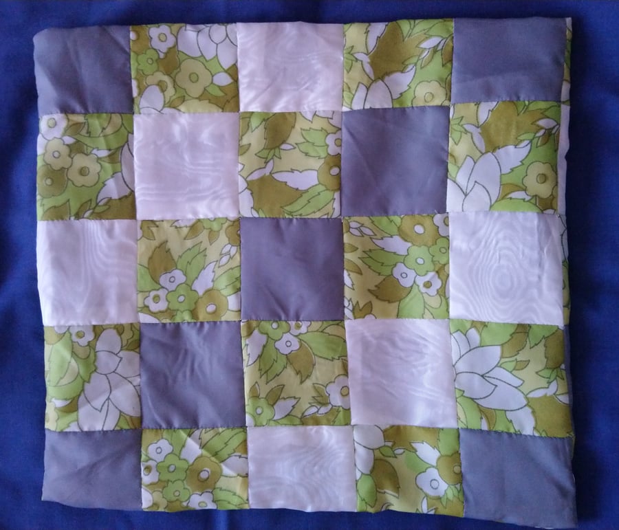 Patchwork cushion cover in lime green and grey polyester. 14x14 ins 37x37 cm