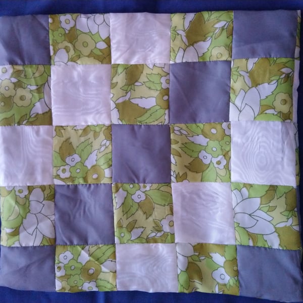 Lime green and grey cushion cover, handsewn patchwork. 14x14 ins 37x37 cm