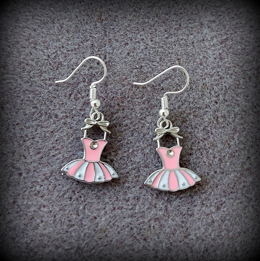 Silver & Pink Ballet Dress Charm Dangle Earrings on Silver Plated Earring Hooks