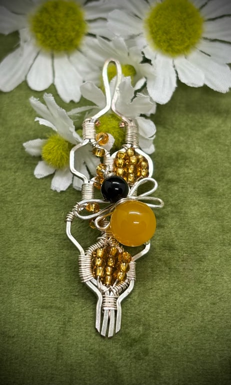 Silver wire wrapped Bee pendant with Obsidian & Yellow Agate