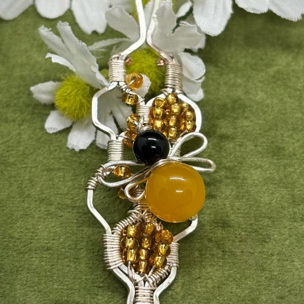 Silver wire wrapped Bee pendant with Obsidian & Yellow Agate
