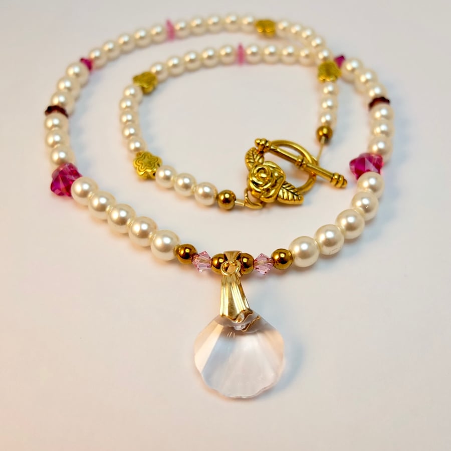  Swarovski Crystal Shell & Flower Necklace With Ivory Pearls - Handmade In Devon