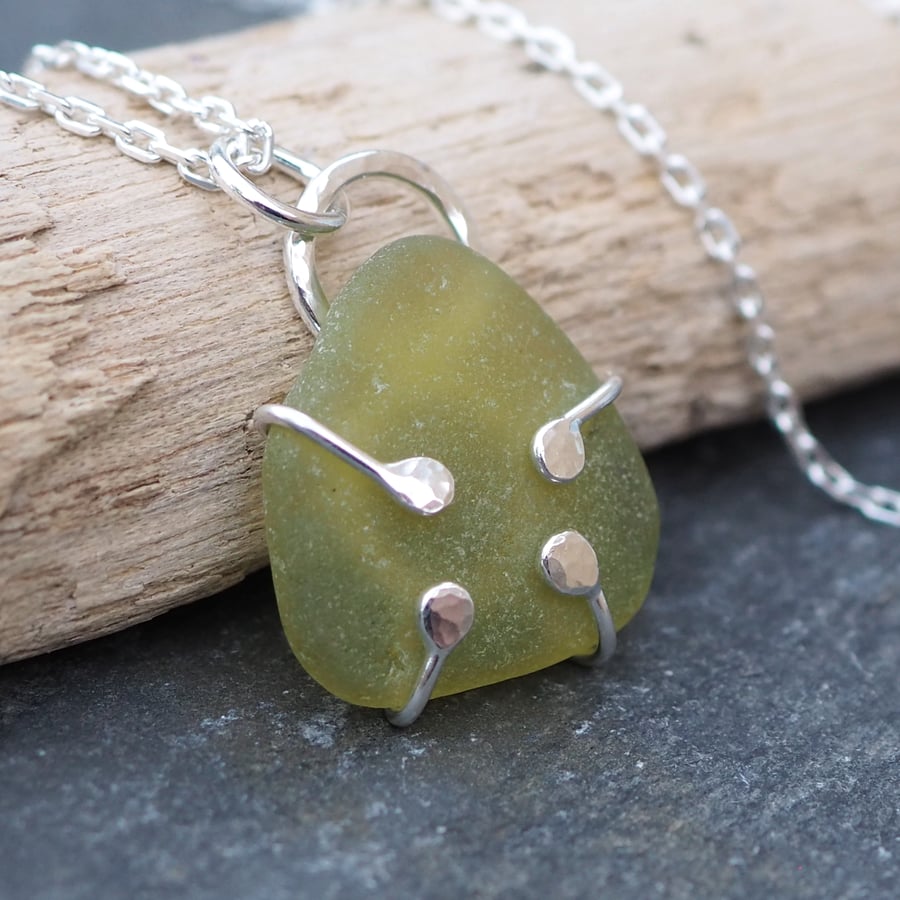 Yellow Lime Sea glass and Silver Pendant Necklace, Hug Necklace 
