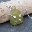 Yellow Lime Sea glass and Silver Pendant Necklace, Hug Necklace 