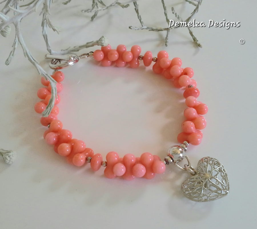 Eco Reclaimed Bamboo Peach Coral Heart Sterling Silver Bracelet