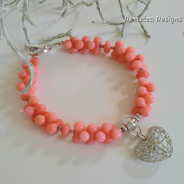 Eco Reclaimed Rare Peach Coral Heart Sterling Silver Bracelet