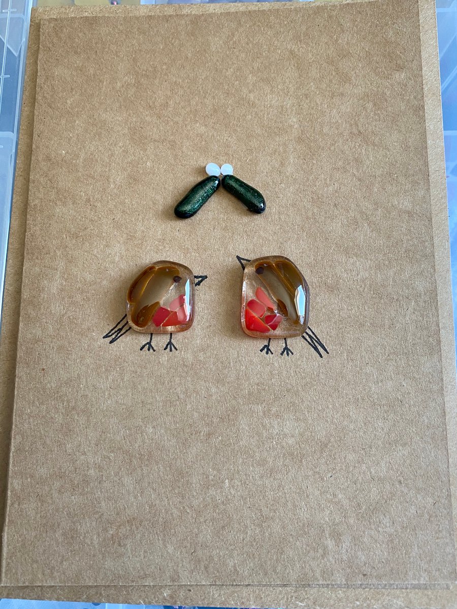 Fused glass robins and mistletoe card