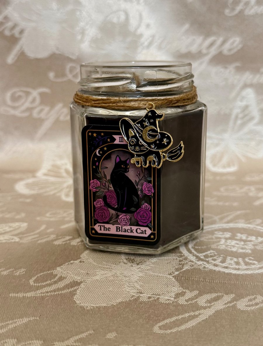 Black Cat Witch Candle – Gothic Halloween Decor – Handmade Spooky Jar Candle