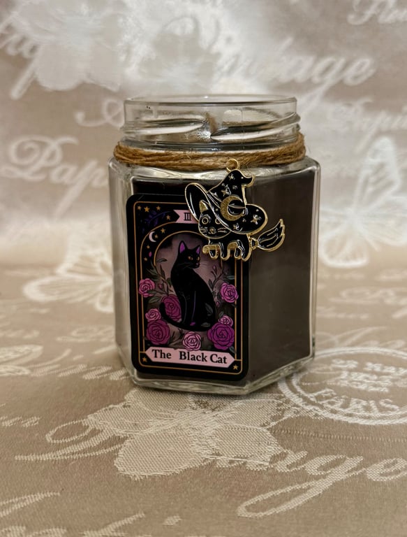 Black Cat Witch Candle – Gothic Halloween Decor – Handmade Spooky Jar Candle