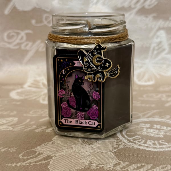 Black Cat Witch Candle – Gothic Halloween Decor – Handmade Spooky Jar Candle
