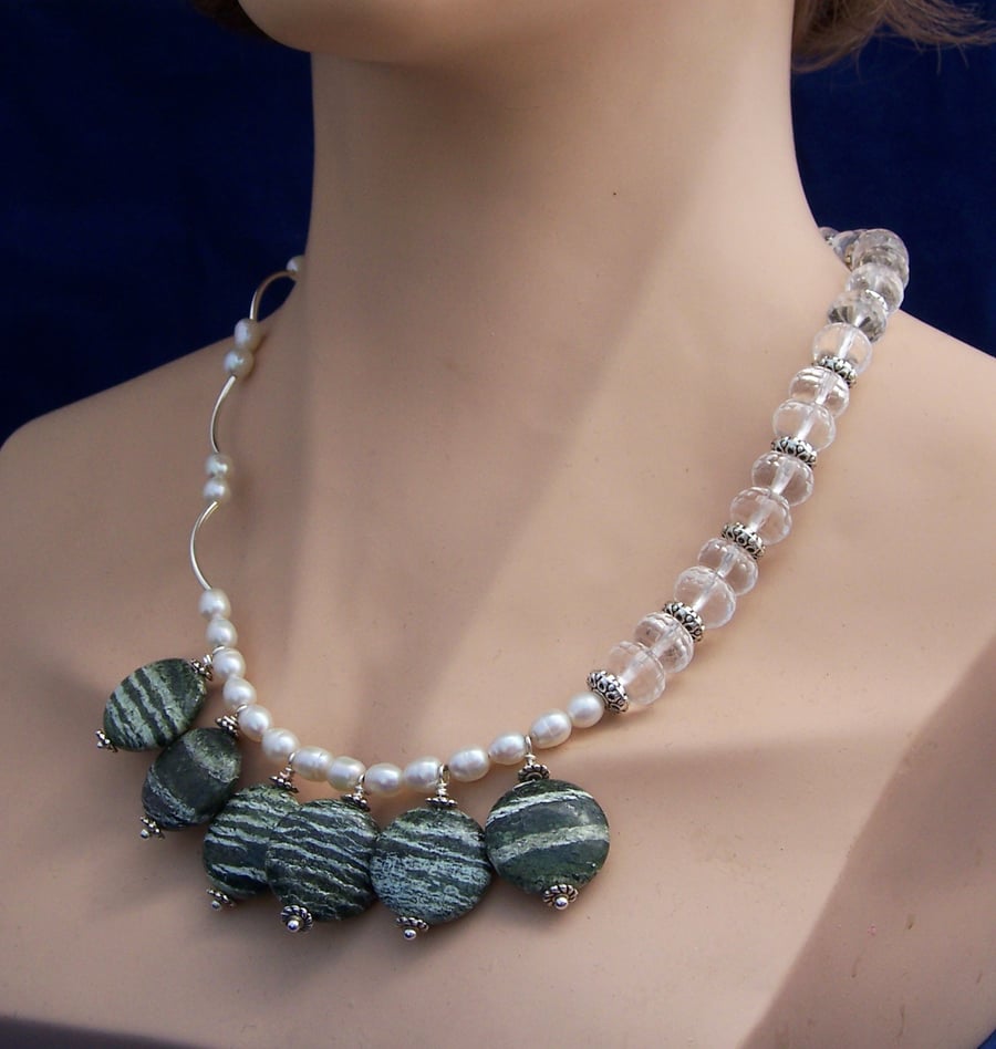 Clear Quartz, Freshwater Pearls, Serpentine Necklace, Odd Necklace, Gemstone