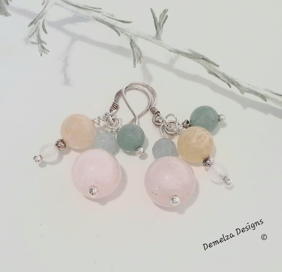 Rose Quartz, Aquamarine, Agate,  Aventurine,  Citrine 925  Silver Earrings 