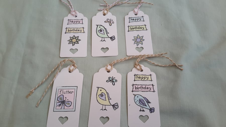 6 pack of Gift Tags, Hand Printed and Coloured Tags, Birthday, Friend, General