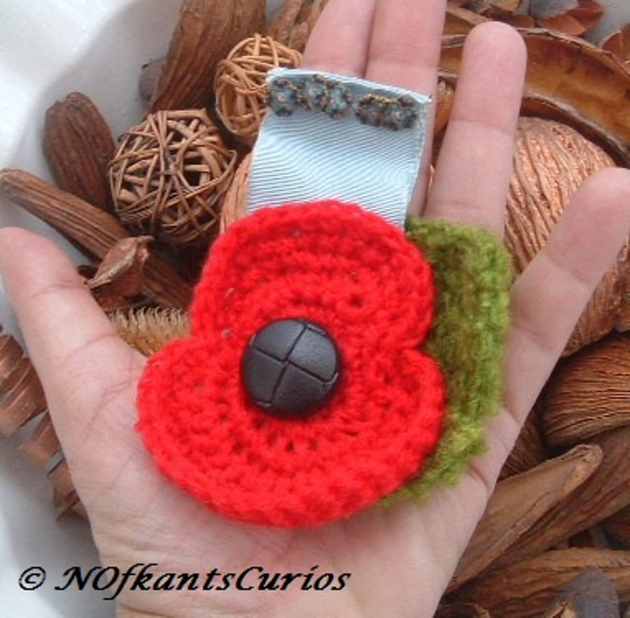 Lest We Forget!  Crocheted Poppy & Forget-me-not Medal Ribbon Style Brooch