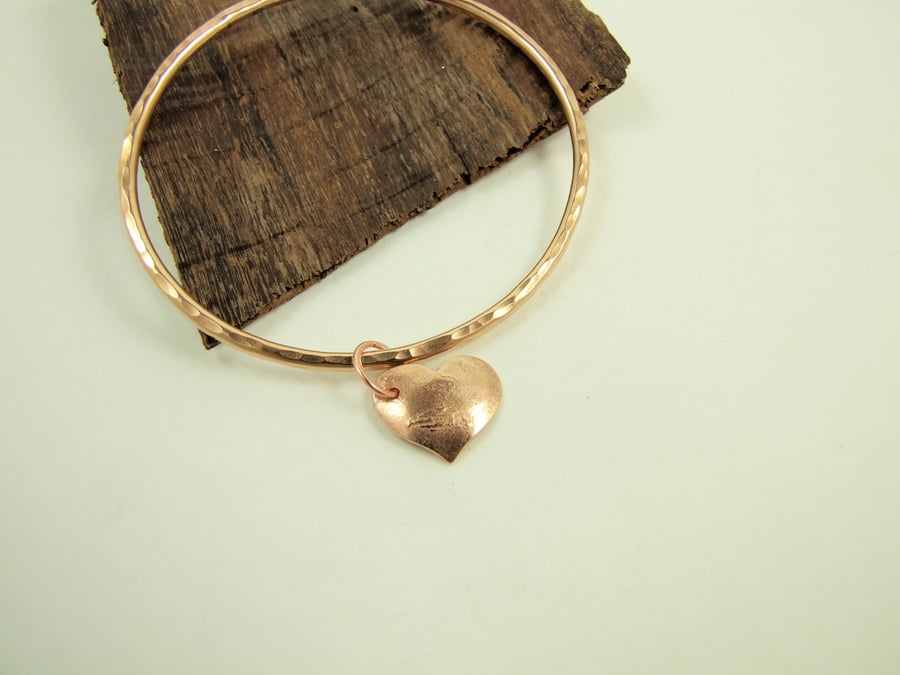Bronze Oval Hammered Textured  Bangle with Heart Charm
