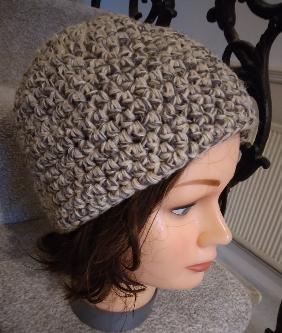 Crochet beanie hat, oatmeal mix, handmade chunky