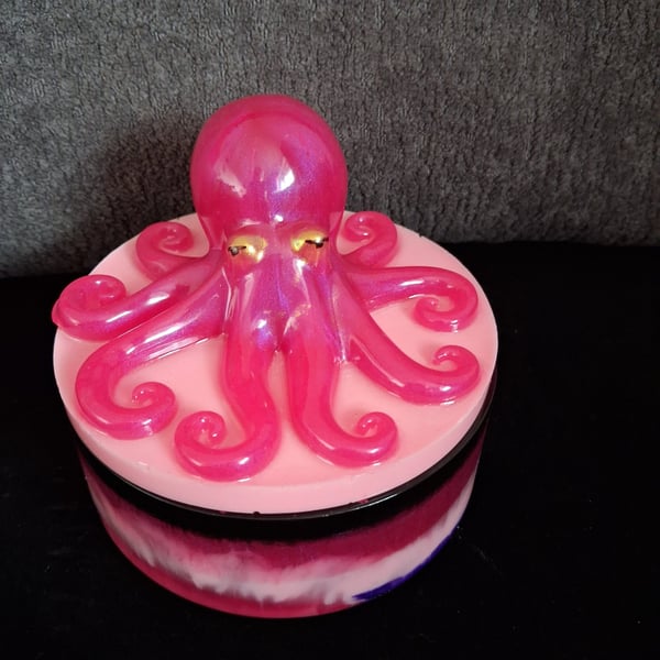 Handmade pink octopus epoxy resin decorative pot with lid.