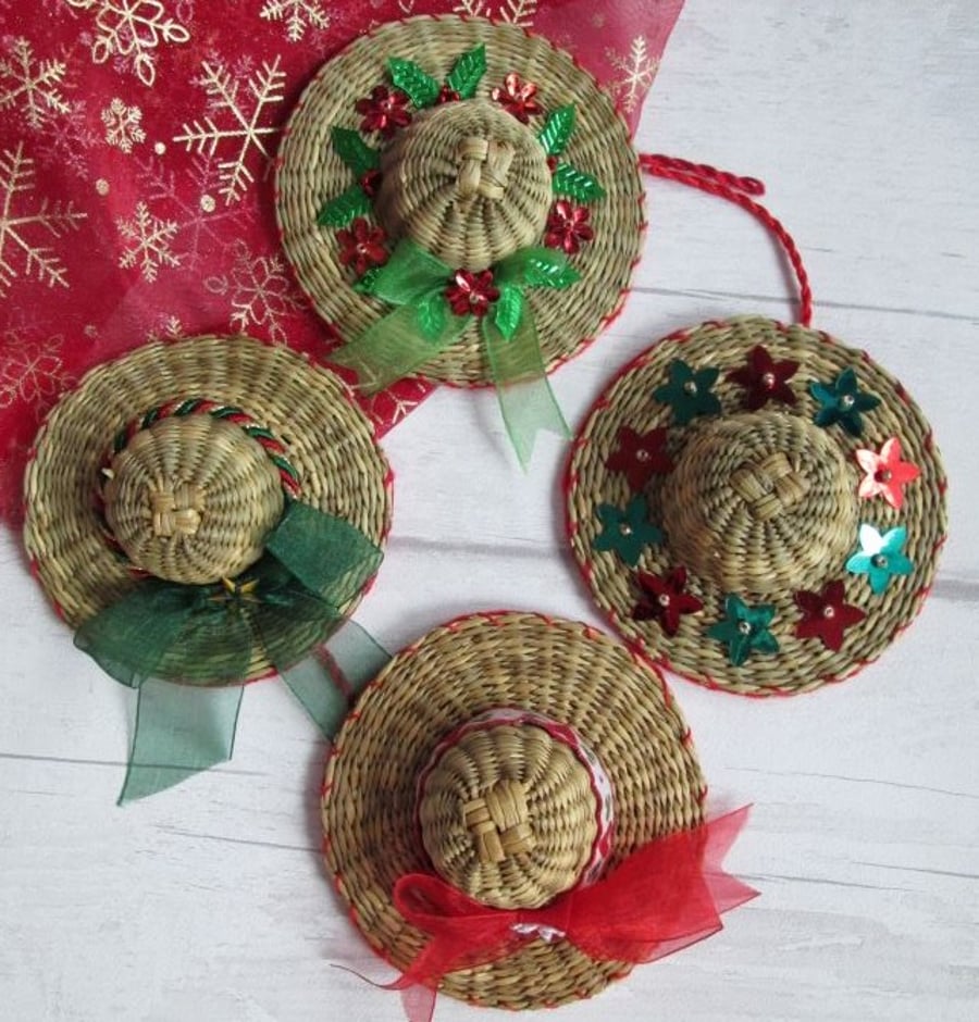 Four Small Christmas Hat Decorations, Decorated... - Folksy