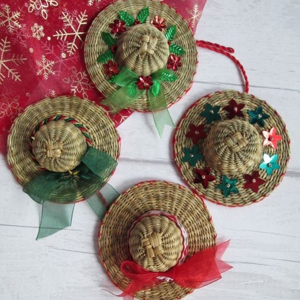 Four Small Christmas Hat Decorations, Decorated Hats, Different Decorations