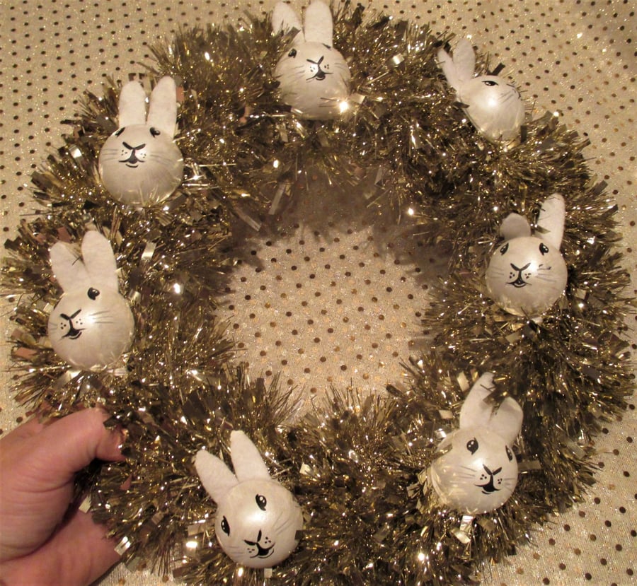 Bunny Rabbit Bauble Head Christmas Wreath Tinsel White Gold