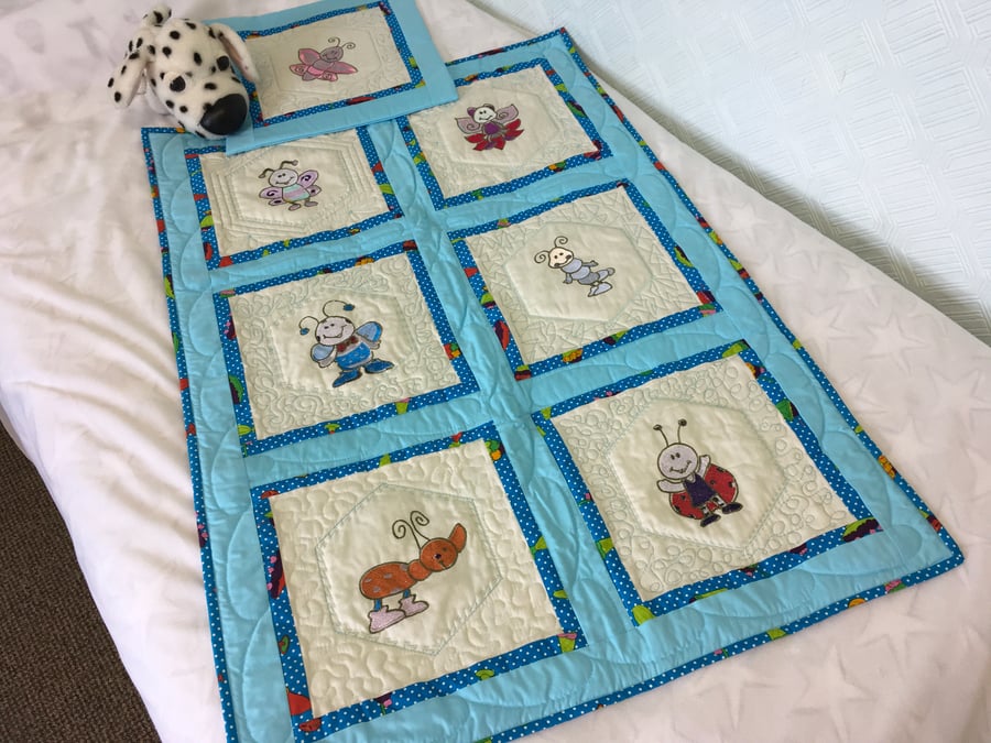 Quilt and Cushion Cover for Toddler. Cartoon Insects on Cream and Turquoise Trim