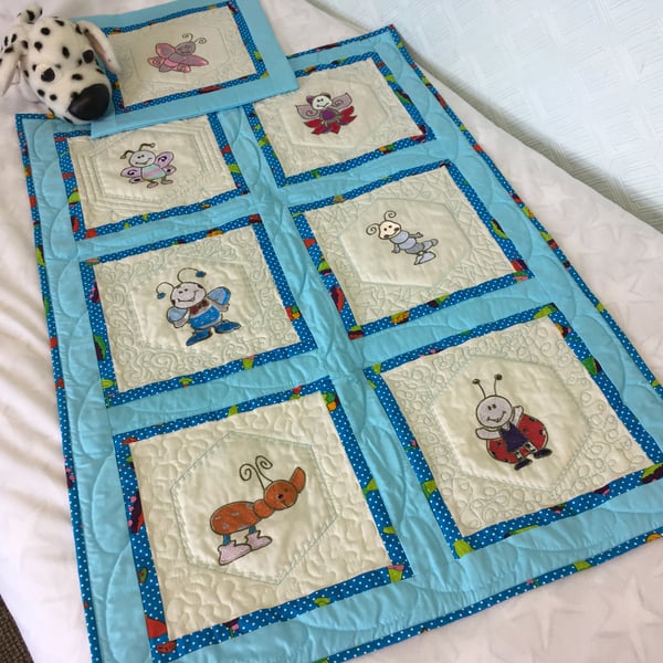 Quilt and Cushion Cover for Toddler. Cartoon Insects on Cream and Turquoise Trim
