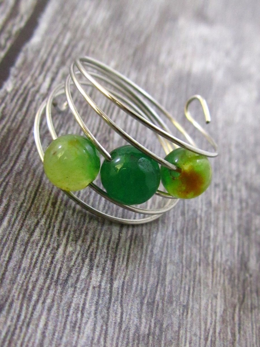 Green Agate Silver Memory Wire Ring, Light Green Ring