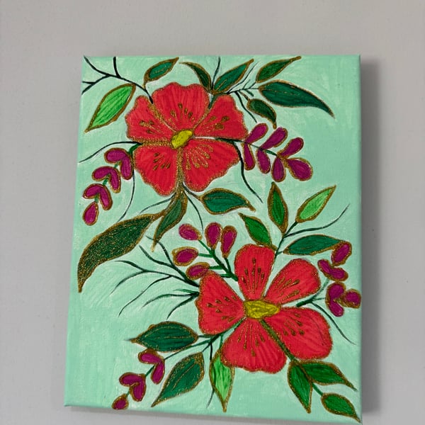 Floral canvas painting acrylic painting  glitter outline 