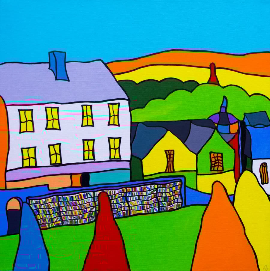 Hay on Wye, Wales colourful painting by Rob Soar