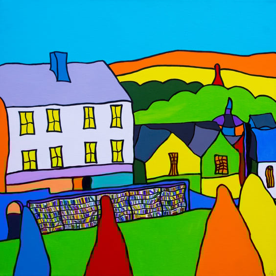 Hay on Wye, Wales colourful painting by Rob Soar