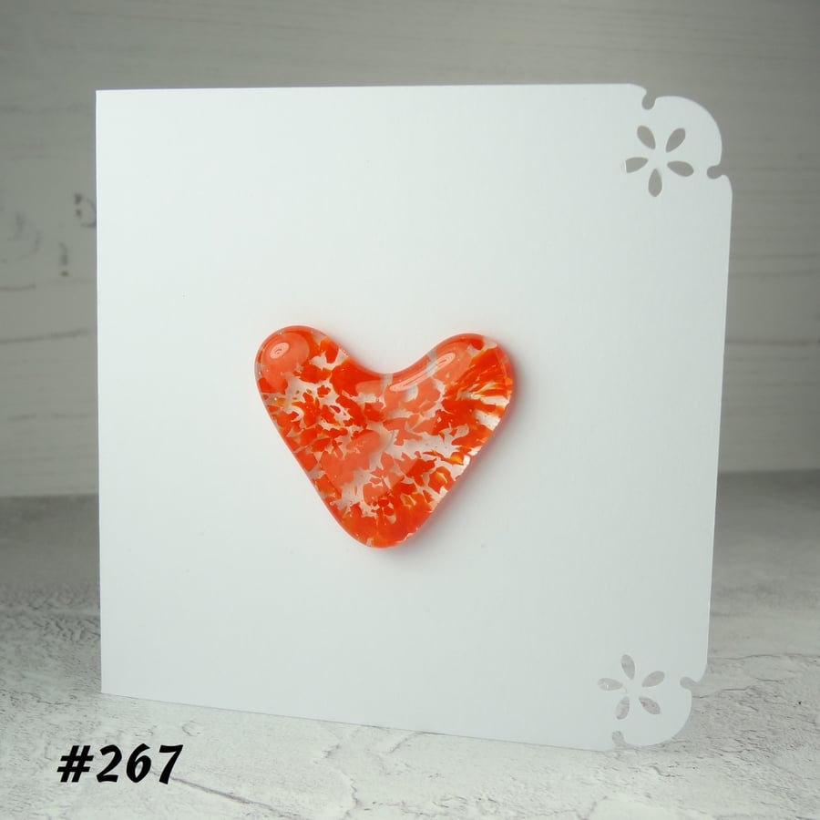 Handcrafted orange-red speckled heart fused glass blank card (267)