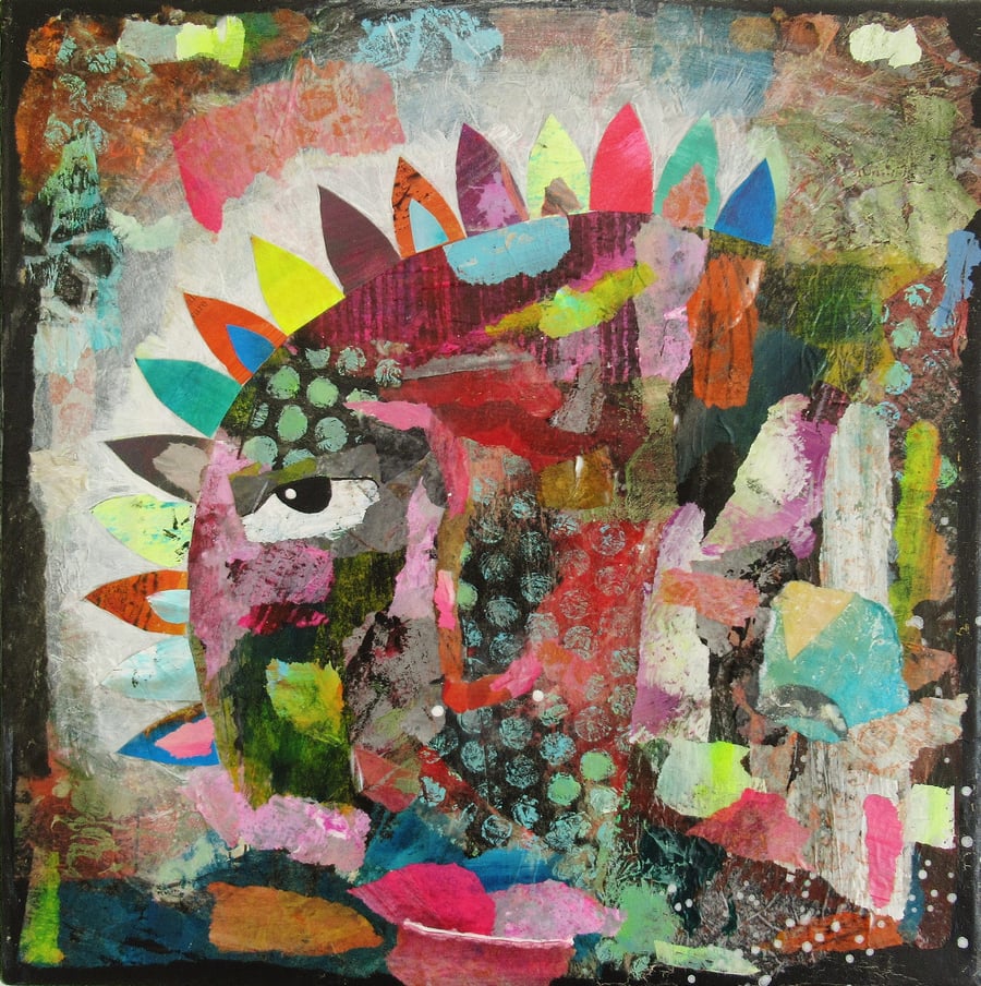 Original Portrait Painting Quirky Face Artwork Colourful Collage Acrylic 10x10"