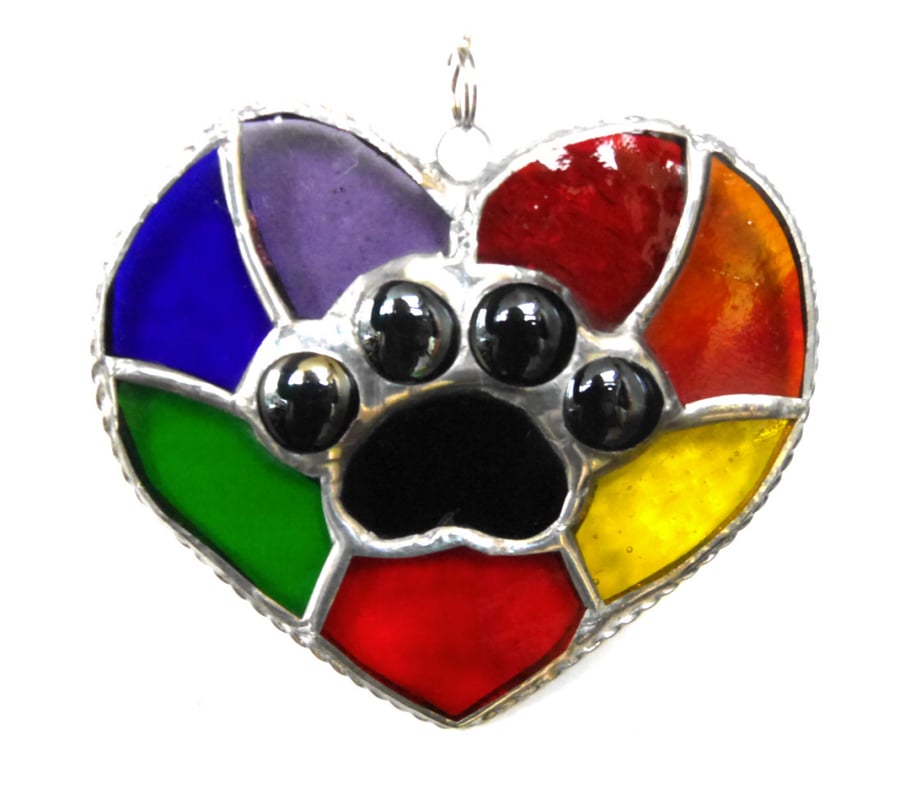 Paw Print Rainbow Heart Stained Glass Suncatcher 