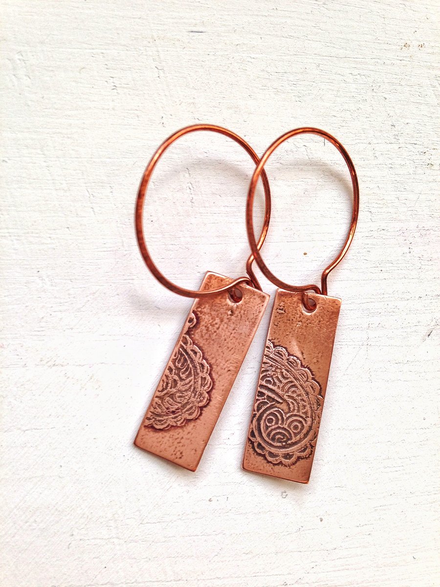 Boho copper etched earrings 