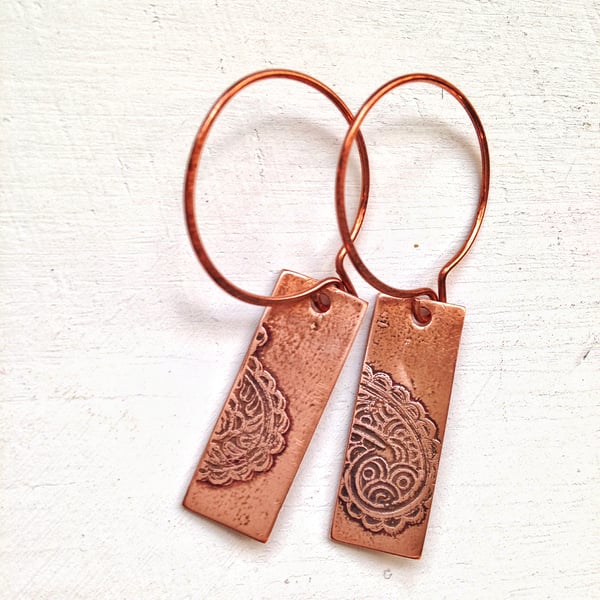 Boho copper etched earrings 