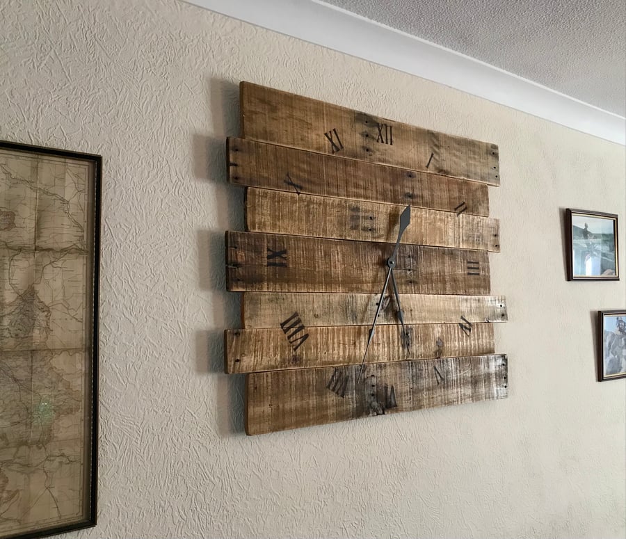 Rustic pallet wood wall clock. Burnt numbers. Large 35”x 28.5” or 89cm x 72cm.