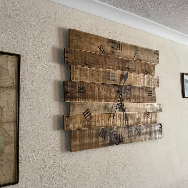 Rustic pallet wood wall clock. Burnt numbers. Large 35”x 28.5” or 89cm x 72cm.