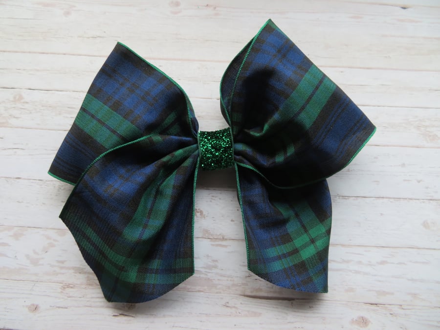 Black Watch Tartan Retro Style Clip In Hair Bow