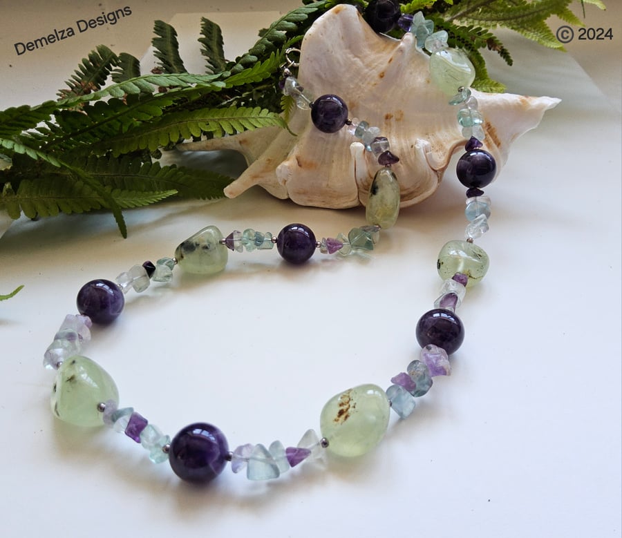 Amethyst,  Prehnite & Florite  Statement Sterling Silver Necklace